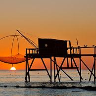 Traditional carrelet fishing hut with lift net on the beach at sunset, Loire-Atlantique, France
<BR><BR>More images at www.arterra.be</P>
